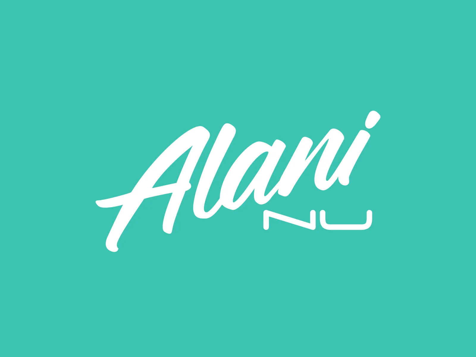 Alani Nu script logo in white on teal
