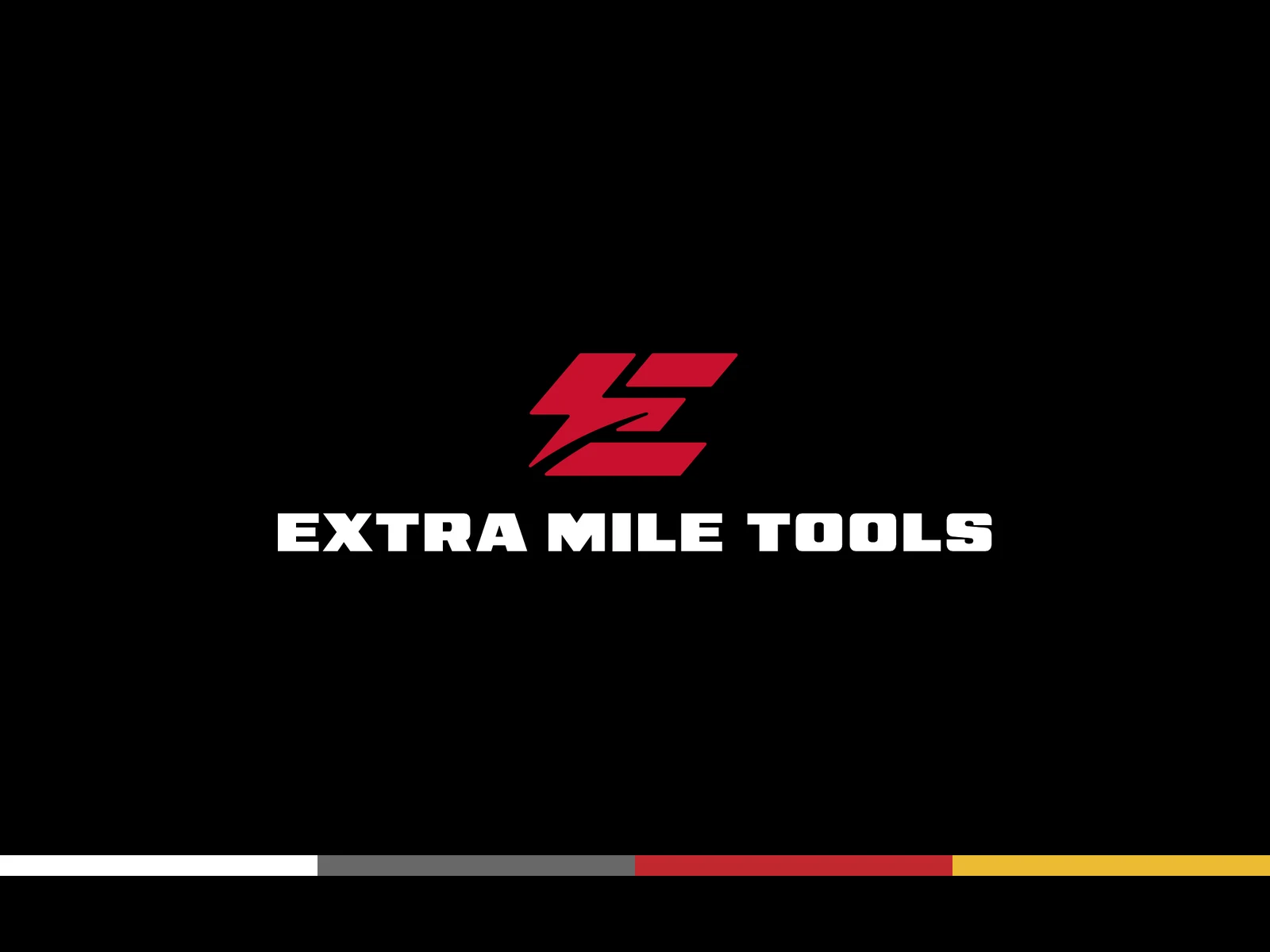 Extra Mile Tools logo, a red angular E mark over the white wordmark, with the brand color palette below