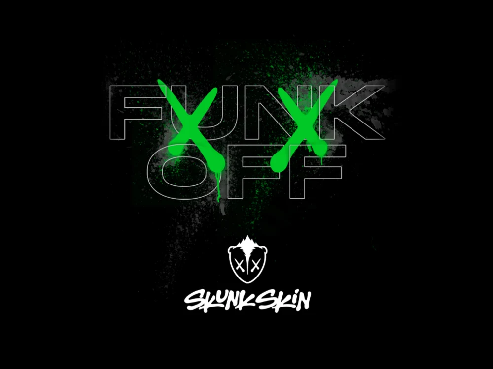 Skunk Skin brand artwork: graffiti FUNK OFF headline with green spray X marks above the skunk shield logo