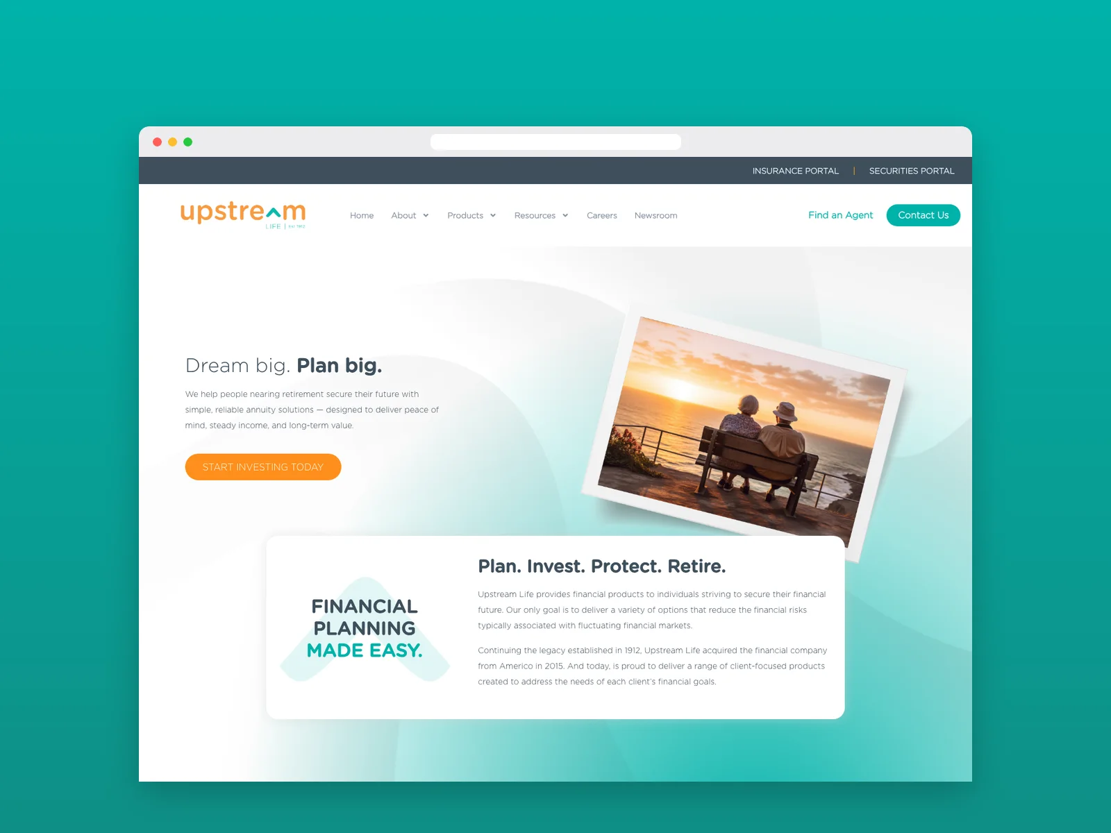 Upstream Life homepage with the headline Dream big. Plan big. beside a couple watching a sunset
